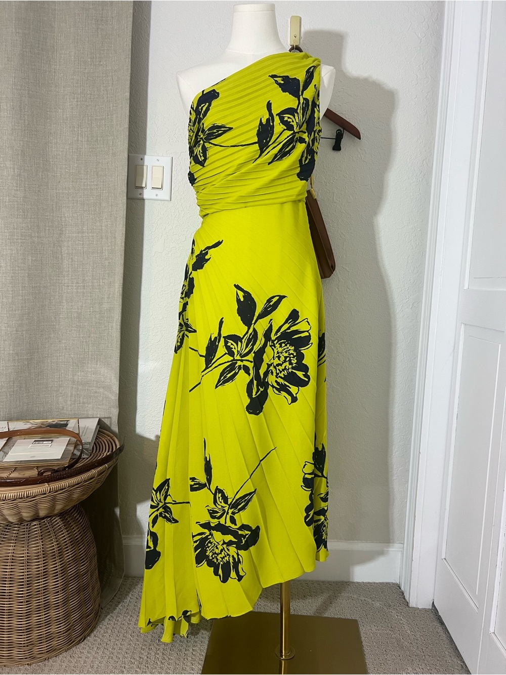 Nicole Miller One Shoulder Pleated Midi Dress Neon Yellow Floral Asymmetrical 4